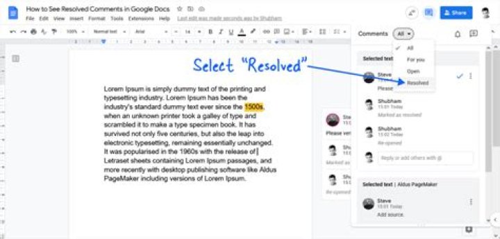 How do I see resolved comments in Google Docs