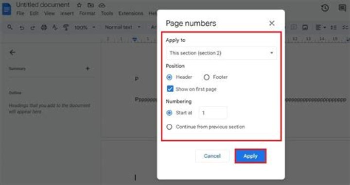 How do I start page numbers on page 2 in Google Docs